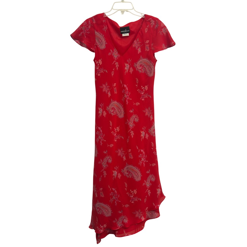 Positive Attitude Maxi Dress 90s Red Paisley Chiffon Asymmetric Hem Sz 12 Boho